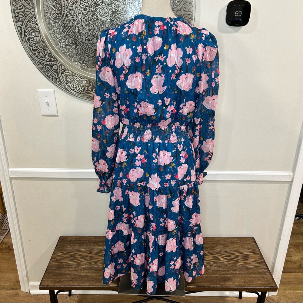 Jade - Melody Tam Blue Midi Dress with Pink Flowers - Gold Accents Size M - Picture 7 of 10